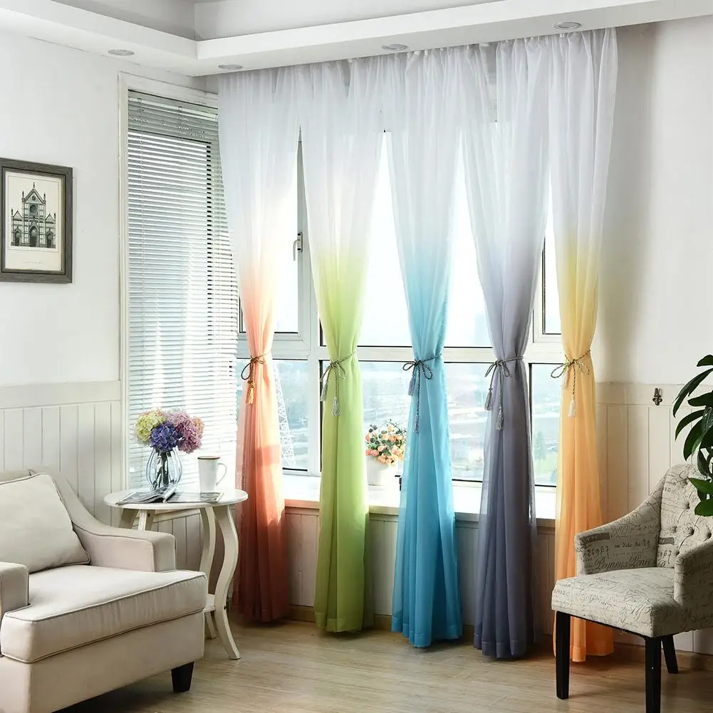 Living Room Window Sheer Curtain Gradient Curtain Voile Drape Home French Window Tulle Curtain Valance 100x200cm 