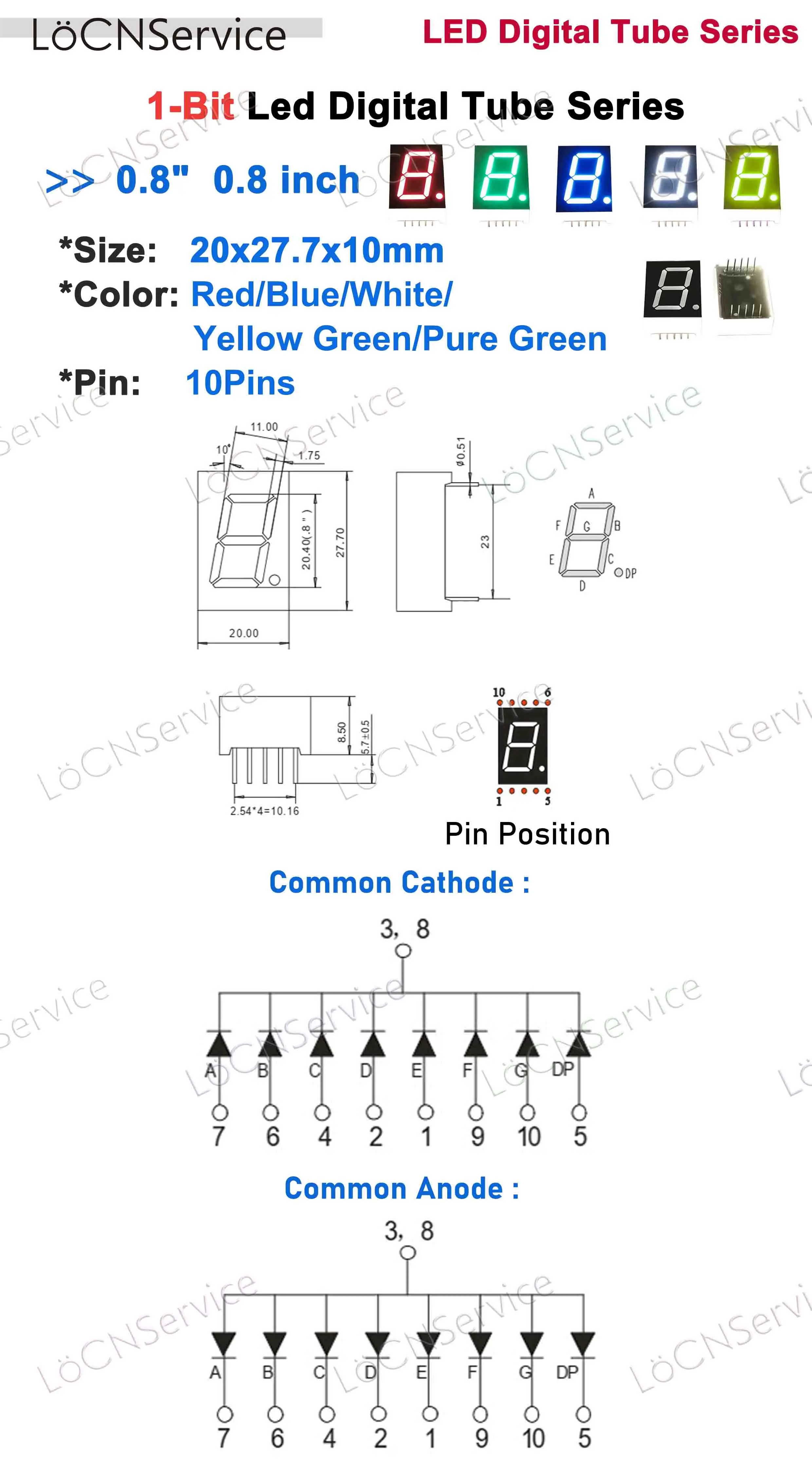 0.8 inch LED Display Digital tube 1 bit RED BLUE WHITE YELLOW PURE GREEN Common Cathode Anode High Bright Clock Display 50PCS