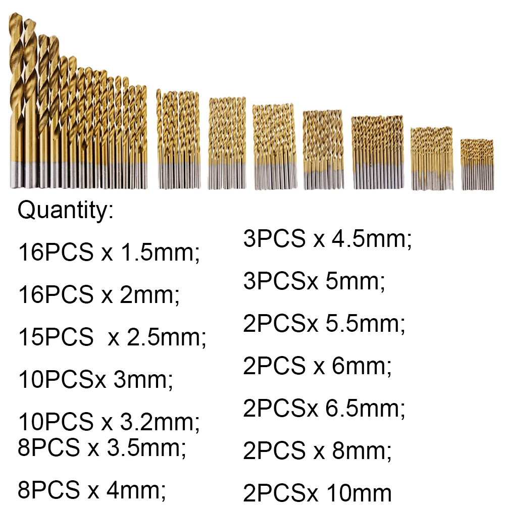 99PCS/BOX Hole Opener 1.5-10mm Titanium Coated Surface HSS Twist Drill Bits Set Metal Drilling Tool Kit DIY Home Use