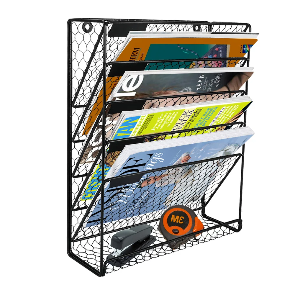 6 TierHanging File Holder Organizer Metal Chicken Wire Wall Mount Magazine Rack (Black) US Warehouse