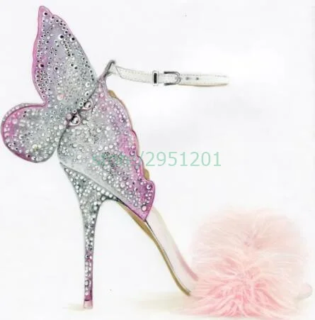 

Rhinestone Colorful Butterfly Wings High Heel Sandals Pink Fur Stiletto Jeweled High Heels Sexy Stage Pumps Wedding Shoes