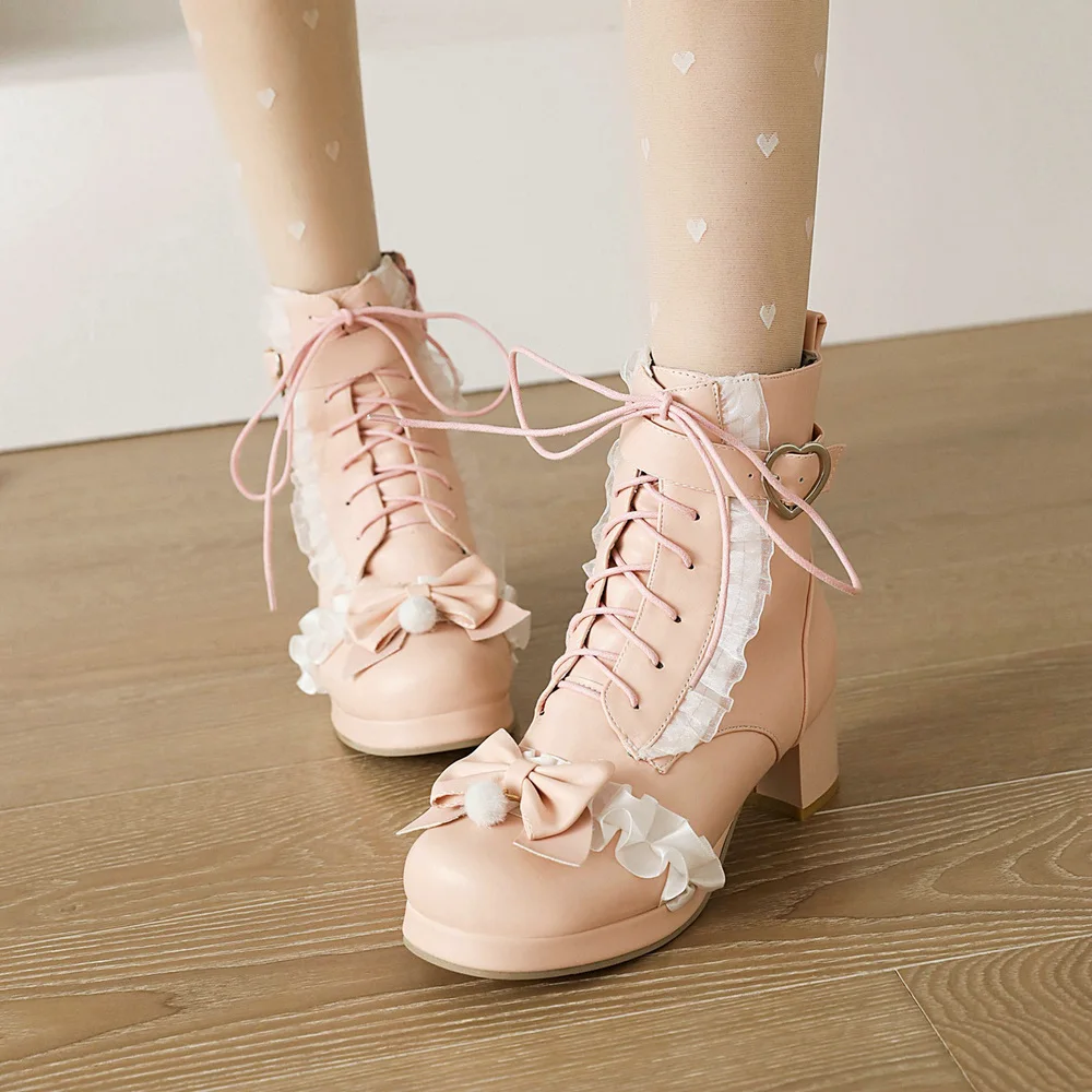 Atumn Winter Japanese Lolita Boots Sweet Lace Bow Shoes Princess Pink Kawaii Plush Ball Sweet Heart Shape Buckle Plus Size 34-48