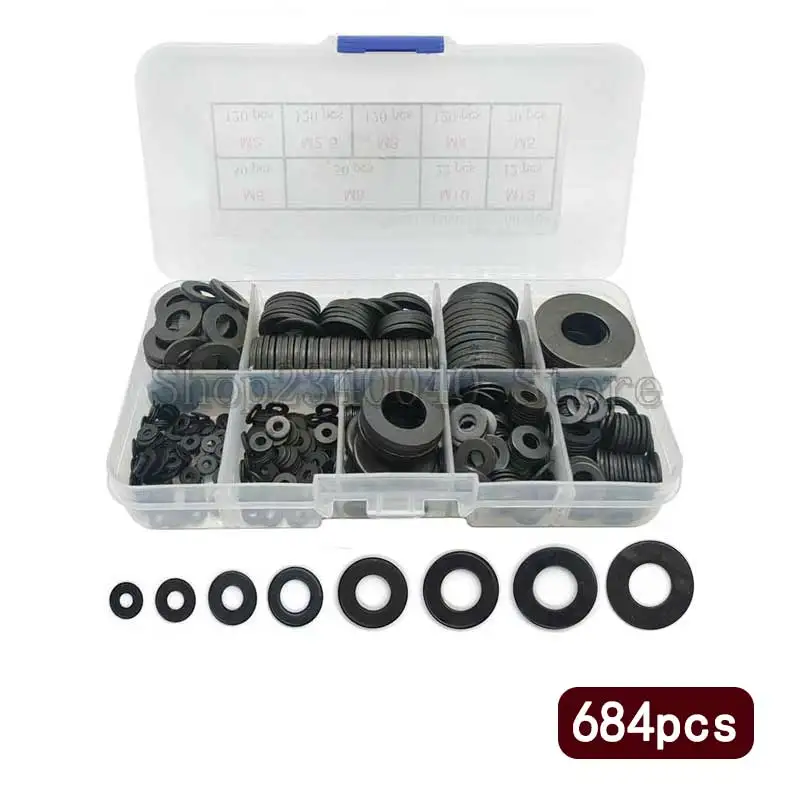 

Plain Flat Washer Set M2 M2.5 M3 M4 M5 M6 M8 M10 M12 Carbon Steel Washers Black Gaskets Assortment Kit Ring 684pcs