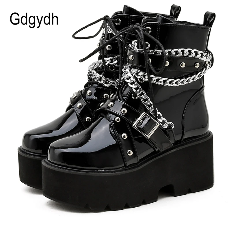 

Gdgydh Autumn Winter Boots Women Sexy Chain Boots Ankle Buckle Strap Ankle Boots Square Heel Thick Sole Platform Rock Punk Style