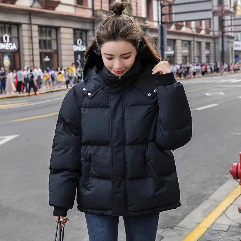 Casaco feminino acolchoado de algodão, jaqueta curta de inverno, parkas com capuz quente, casaco solto casual feminino, outwear coreano, novo, 2023