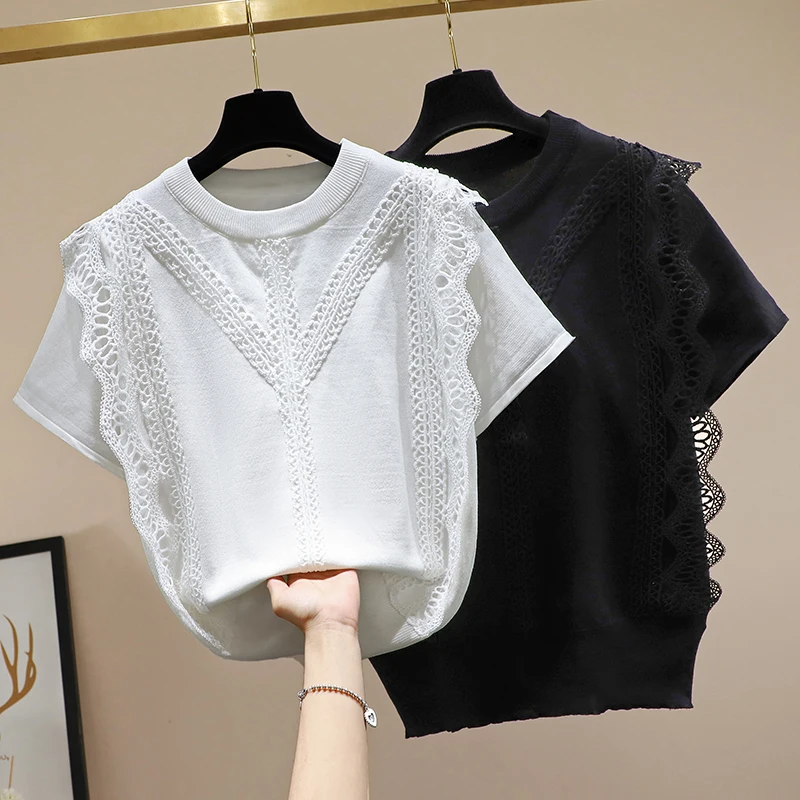 2022 White Summer New Korean Style Lace Panel Short-Sleeve T-shirt Black Tshirt Women\'s Casual Round Neck T-shirts Tees Tops