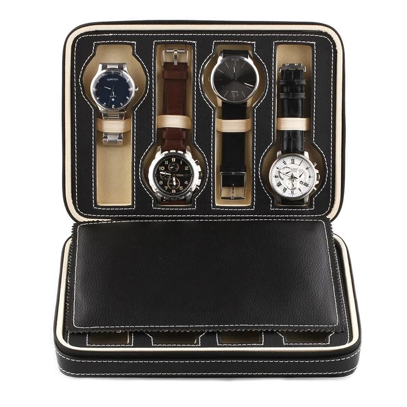 

Black Faux Leather Watch Display Storage Box Watched Case 2/4/8 Grids Tray Zippered Travel Watch Collector Case