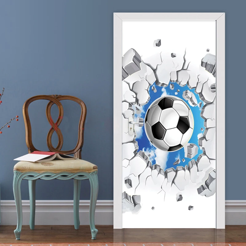 

PVC Self-Adhesive Waterproof Door Sticker 3D Football Blue Sky Mural Wallpaper Children's Bedroom Home Decor Wall Sticker Poster