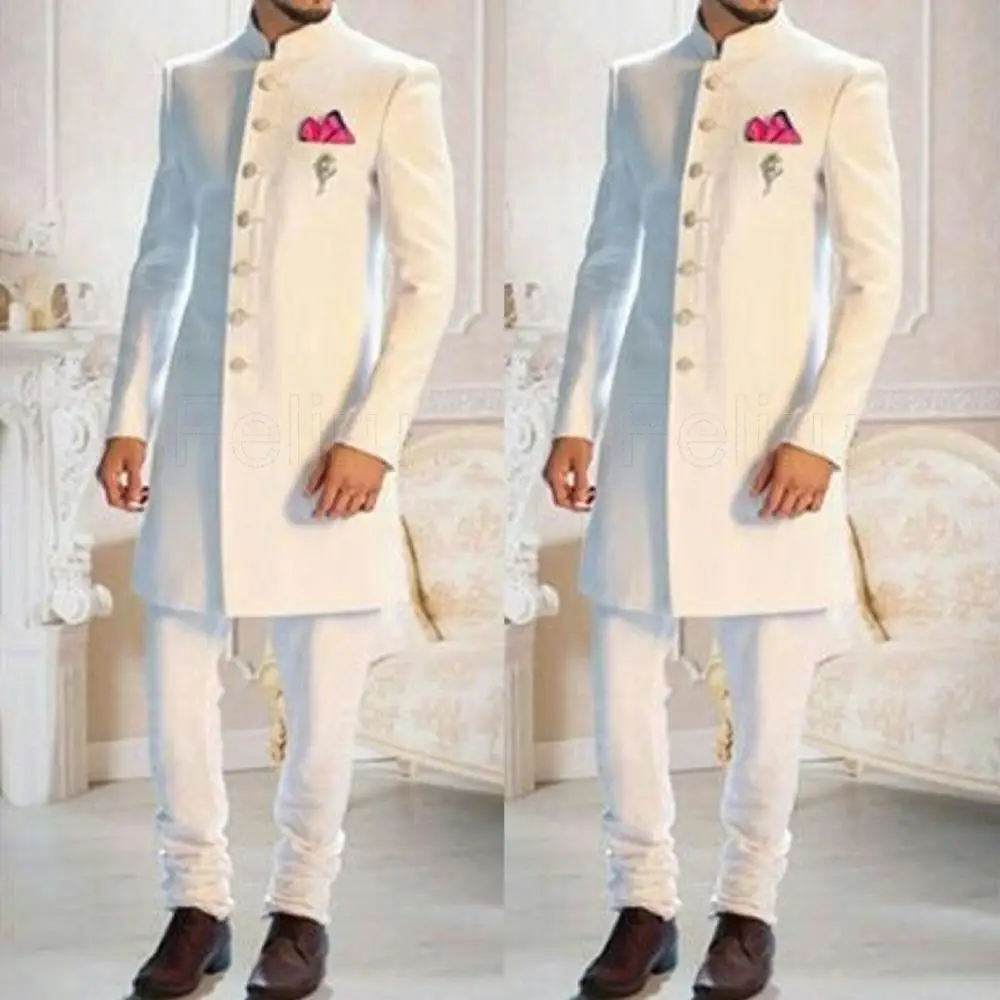 

High Quality White Long Men's Indian Design Groomsman Tuxedo Groom Suits For Men Wedding Wear Slim Fit Suits For Male Blazer