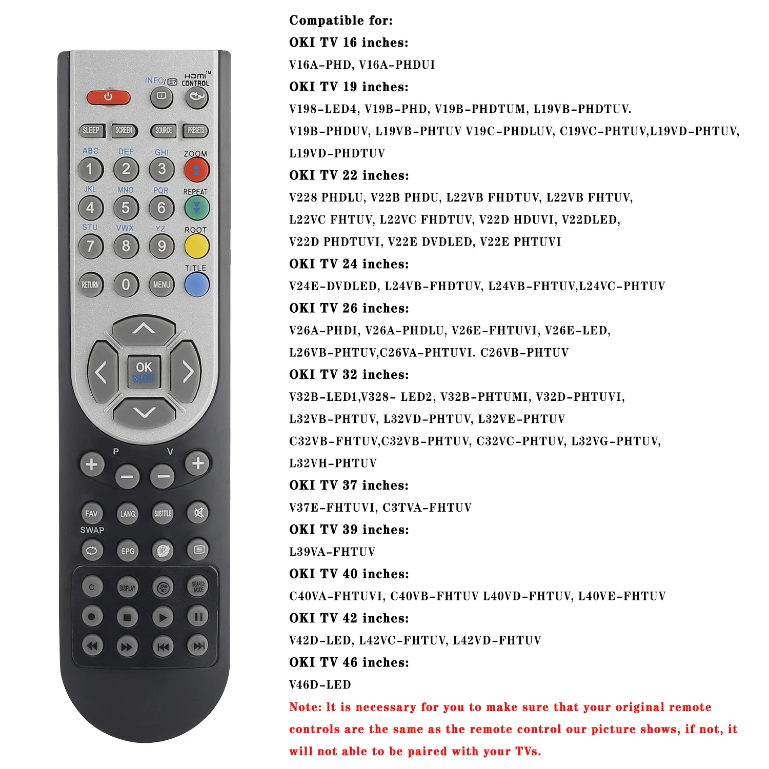 جهاز التحكم عن بعد الشامل لتلفزيون أوكي ، RC1900 ، 16 ، 19 ، 22 ، 24 ، 26 ، 32 ، 37 ، 40 ، 46 "، V19 ، L19 ، C19 ، V22 ، V24 ، L24 ، v26 ، L26 ، C26 ، V32 ، C32 ، V37