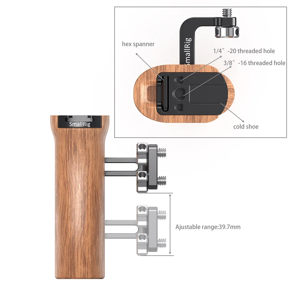 SmallRig Adjustable DSLR Wooden Camera Handle Universal Side Handle Grip W/ Cold Shoe Mount for Microphone and flash light 2093C