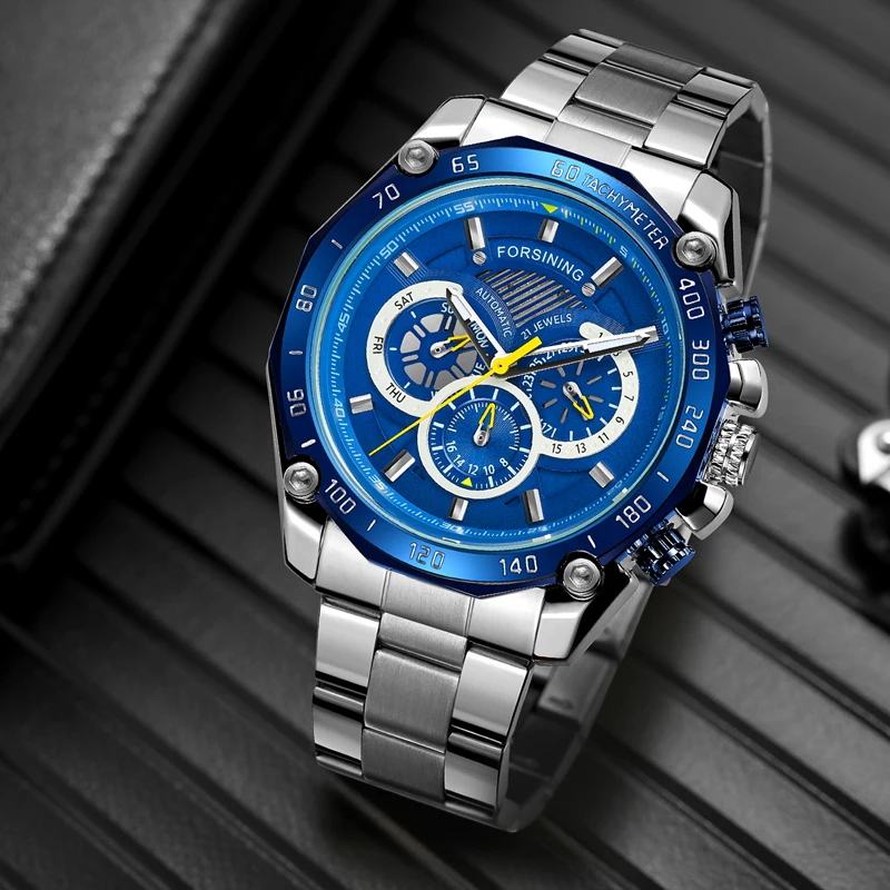 Forsining Blue Ocean Design Silber Stahl 3 Zifferblatt Kalender Display Herren automatische mechanische Sport Armbanduhren Top-Marke Luxus