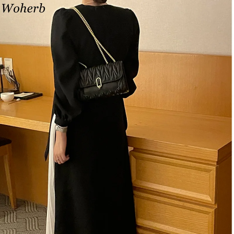 Woherb Korean Elegant Temperament V-neck Cross Belt Patchwork Fake Two-piece Pleated Fashion Dress Long Vintage  Vestido