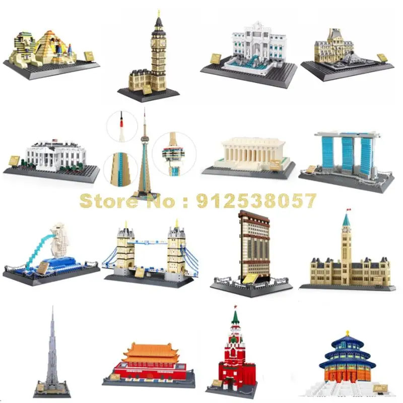 World Famous Architecture Pyramid Big Ben Fountain Louvre White House Tower Museum Bridge Building Blocks Toy