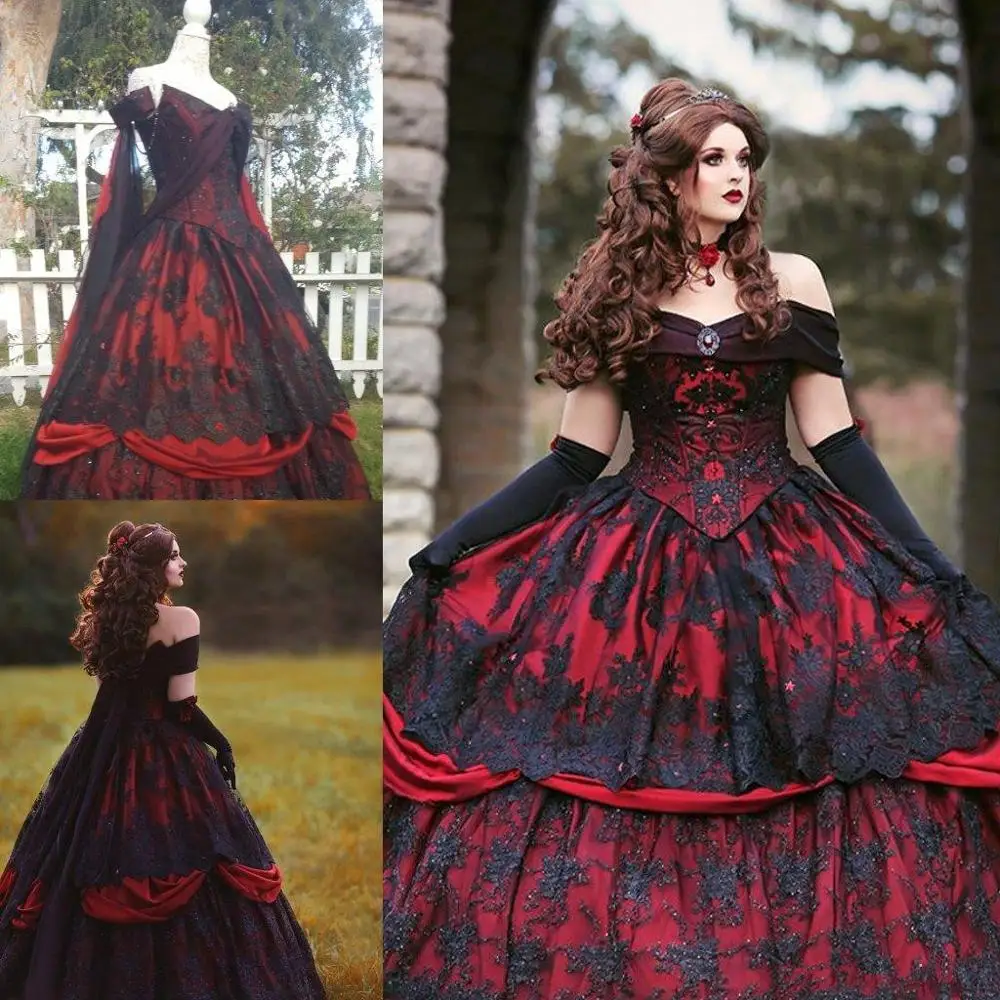 Vestidos de novia rojos y negros vintage 2025, apliques de encaje de talla grande con cordones en la espalda, corsé, Top gótico, vestidos de novia de Bella Durmiente