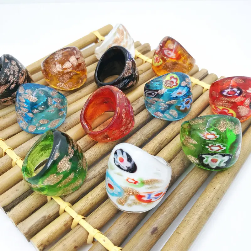 12PCS Wholesale Mix Color Lampwork Glass Muran Rings 17-19mm Band Ring Random Mixed Model Chinese Style For Women