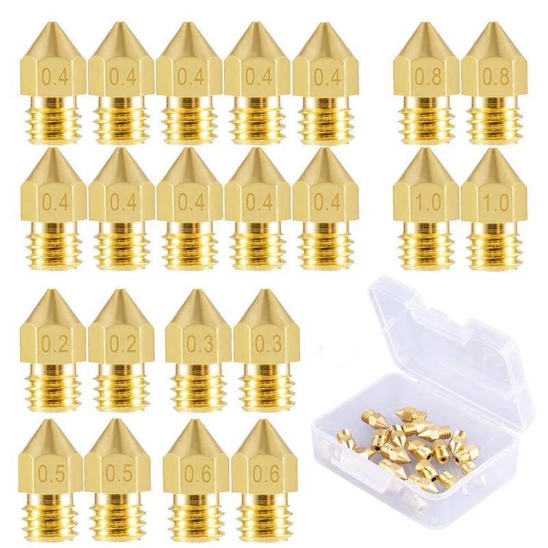 

22 Pieces 3D Printer MK8 Nozzle 0.2mm, 0.3mm, 0.4mm, 0.5mm, 0.6mm, 0.8mm, 1.0mm Extruder Print Head with Free Box for CR-10