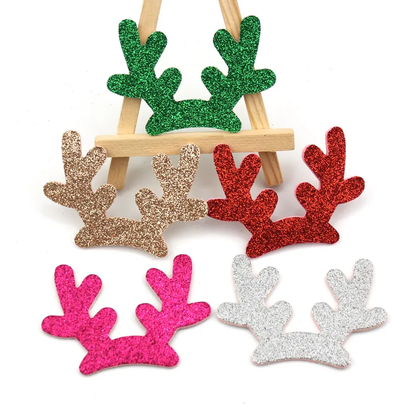 20Pcs 7.5*5.5cm Glitter Christmas antlers shiny Padded Appliques For Clothes Craft Sewing Supplies DIY Hair Clip Accessories