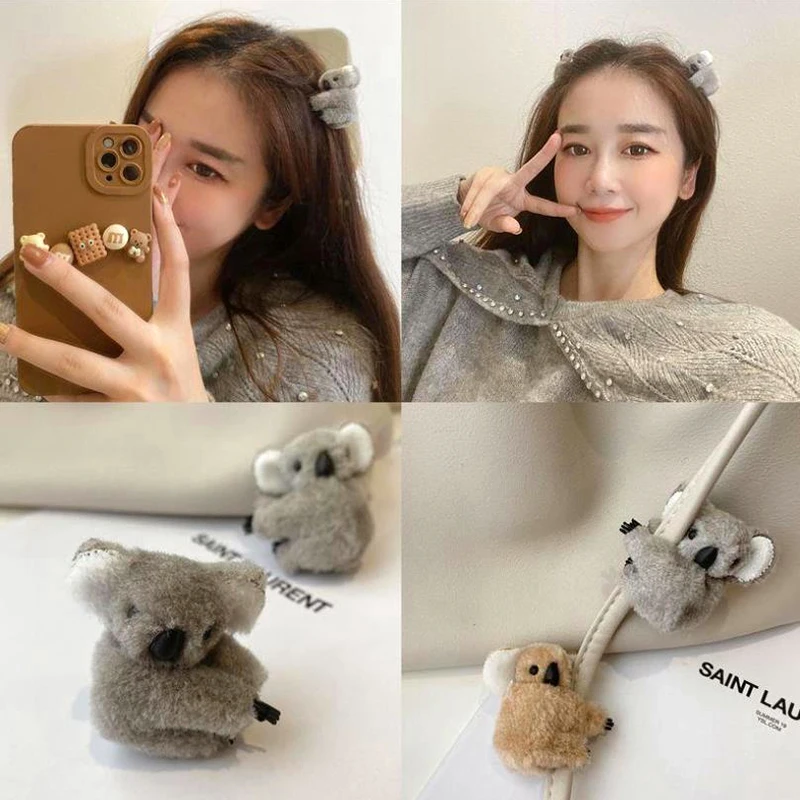 Cartoon 3D Plush Koala Hairpin Photo props Hair Clip Bag Accessories Daily Decor Three-Dimensional Plush Koala Hair Clip