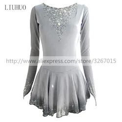 LIUHUO Figure Skating Dress Women's Girls' Ice Gray Long Sleeve Latin Dance Ballet Roller Competition Leotard Artistic Costume