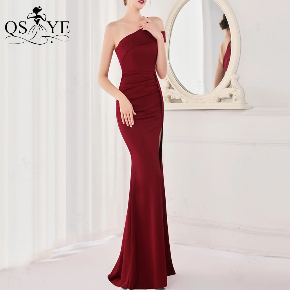 One Shoulder Burgundy Prom Dresses Fit Sexy Split Long Party Gown Dark Red Formal Elegant Mermaid Women Evening Dress Bridesmaid