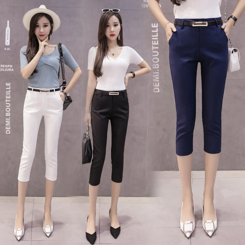 

Women Pants Summer 2020 Mid-calf Length Casual Ladies Elastic Leggings Work Wear High Waist Bodycon Slim Female Belted Trousers