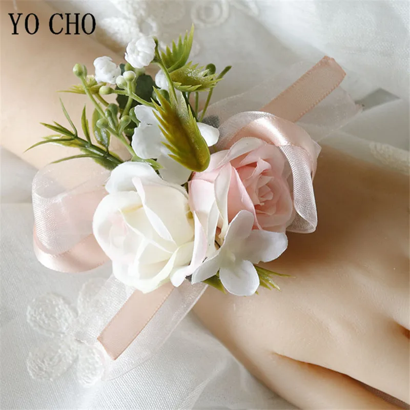 YO CHO Wedding Bracelet for Bridesmaid Silk Flower Wrist Corsage Bracelet Wedding Groom Boutonniere Pins Man Mariage Accessories