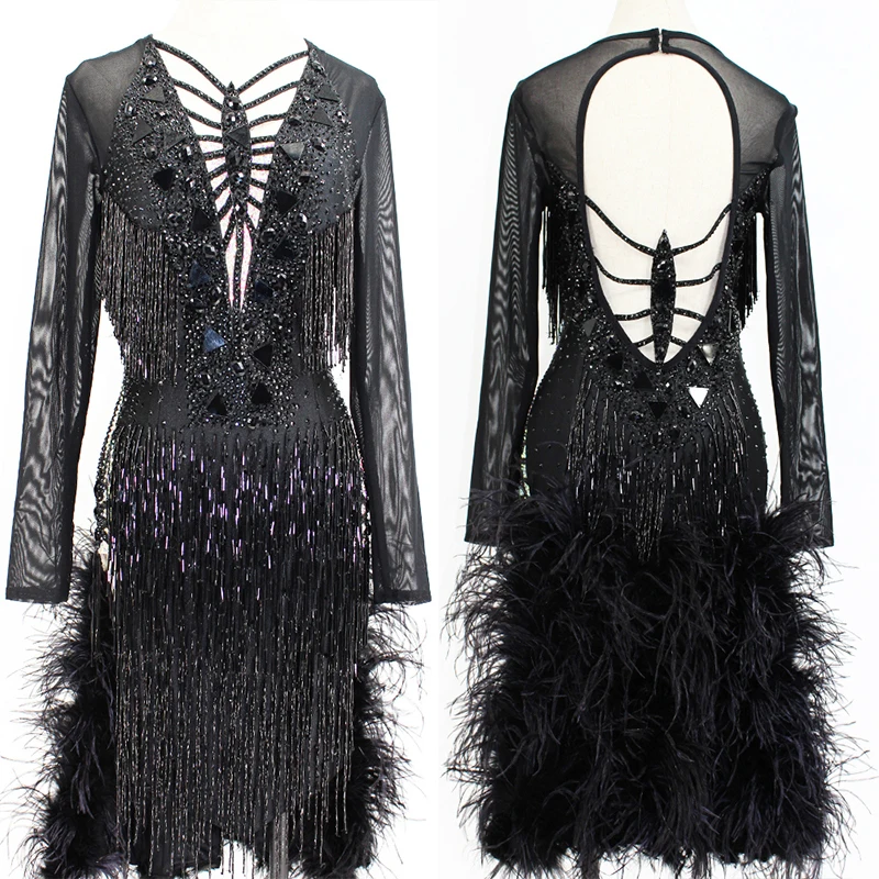 Black Feather Latin Dance Dress Competition Dance Clothes Women Rhinestone Fringe Backless Sexy Prom Costume Girls Dress BL5398