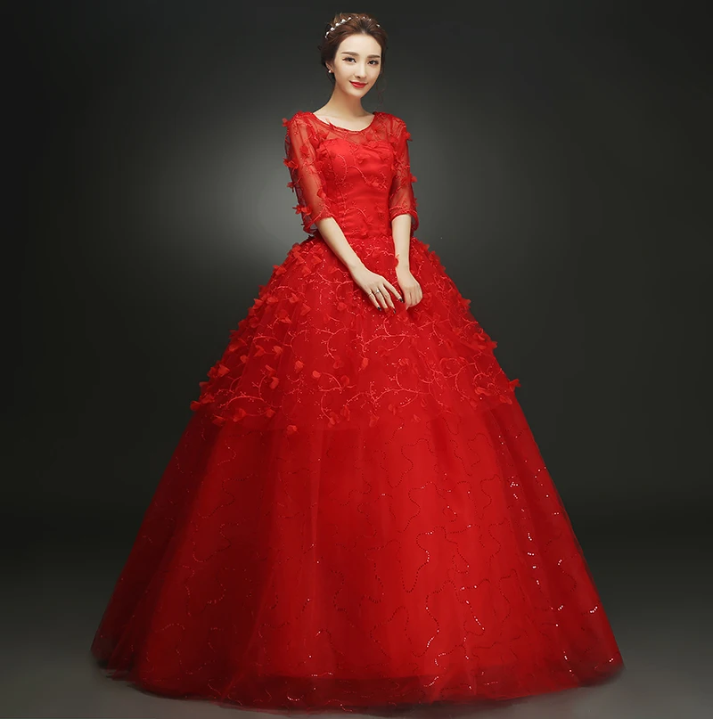 Anxin sh flor vermelha vestido de casamento do vintage o pescoço flor laço meia manga ilusão princesa laço vermelho vestido de casamento vermelho