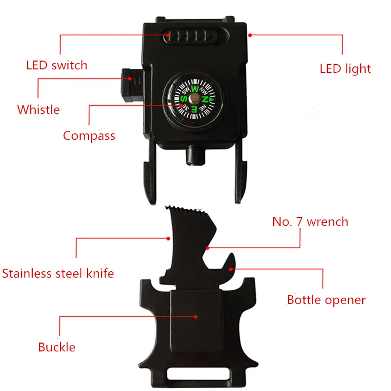 Outdoor First Aid Kits with LED Light Multifunction Paracord Bracelet Buckle Survive Tools Survival Whistle Buckle