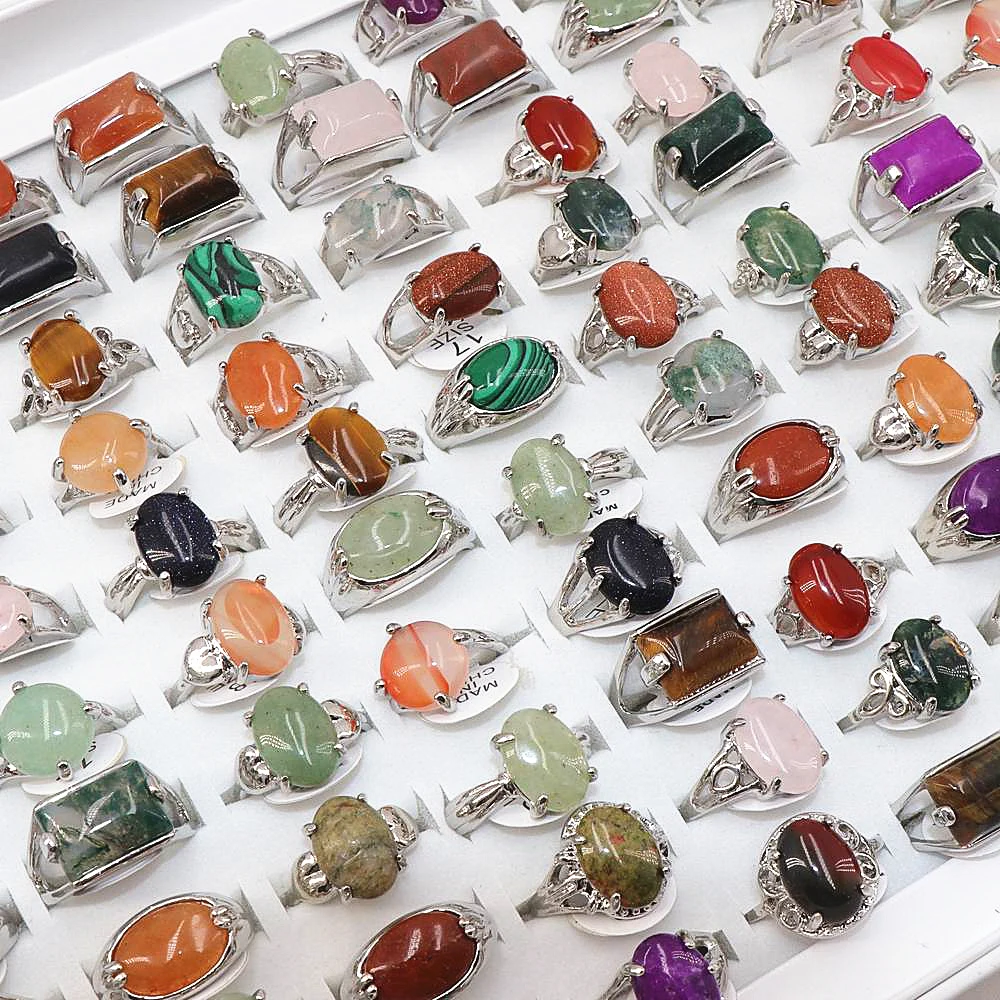 Wholesale 100 Pcs/lot Mix Random Color Style Nature Stone Alloy Rings Fashion Jewelry Women Party Wedding Ring In Display Box