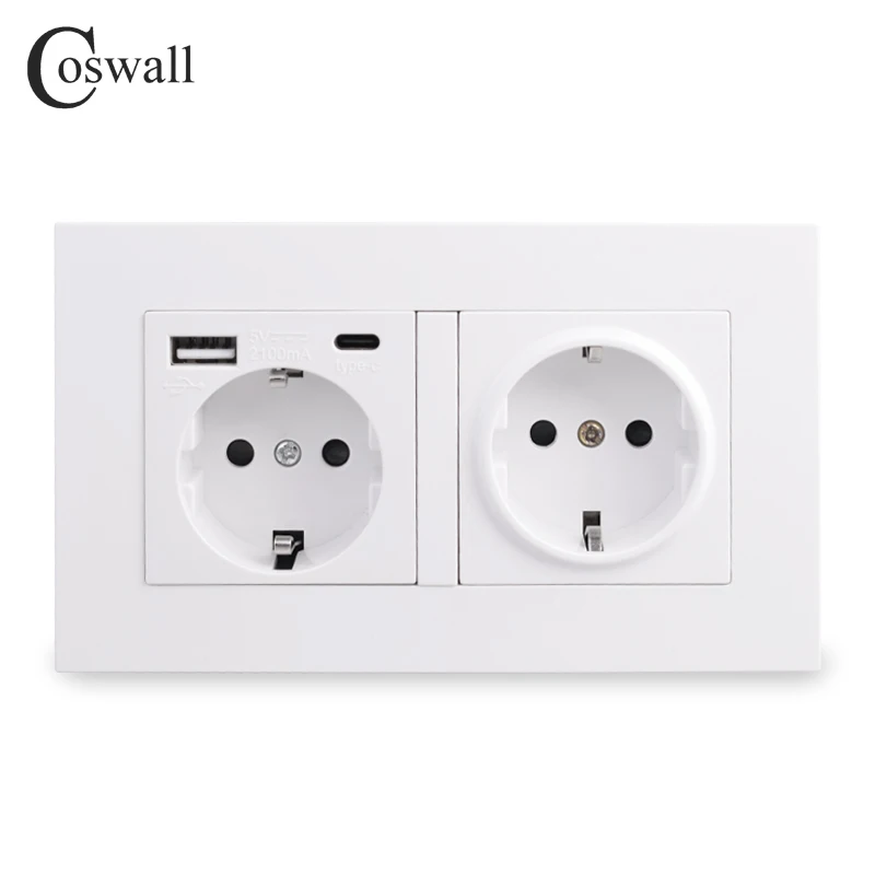 COSWALL EU Spain Russia Standard Wall Power Socket Grounded USB Type A & Type-C Charge Port 2A Maxi. PC Panel White E20 Series