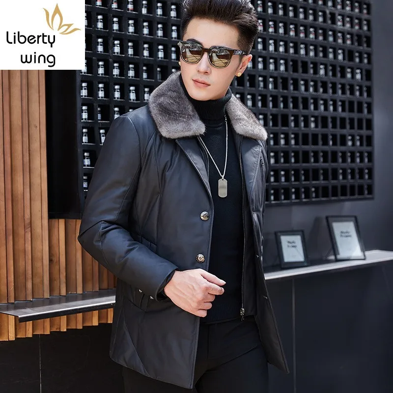 

Winter Men Warm Goose down Mink Fur Collar Sheepskin Genuine Leather Long Coat Windproof Slim Fit Jacket Man Trench Coats