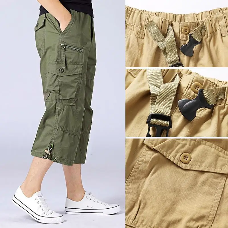 Summer Men\'s Casual Cotton Cargo Shorts Overalls Long Length Multi Pocket Hot breeches Military Capri Pants Male Tactical Short