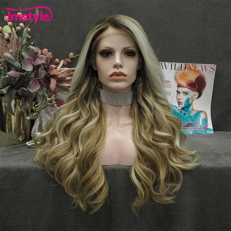 Imstyle-Perruque Lace Front Wig synthétique mixte blonde 24 pouces, perruques 03/Wigs pour femmes, fibre de degré de chaleur, ondulée naturelle