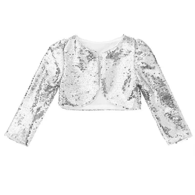 Fashion Kids Girls Shiny Sequins Bolero Shrug Cardigan Top Flower Girls Dress Shrug Wrap Long Sleeve Cropped Coats Short Jacket