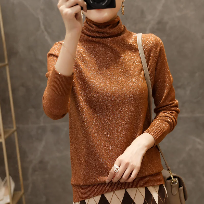 2023 Fall Winter New Pile Collar Women\'s Turtleneck Sweater Long Sleeves All-match Tops Bright Yarn Inner Knit Bottoming Shirt