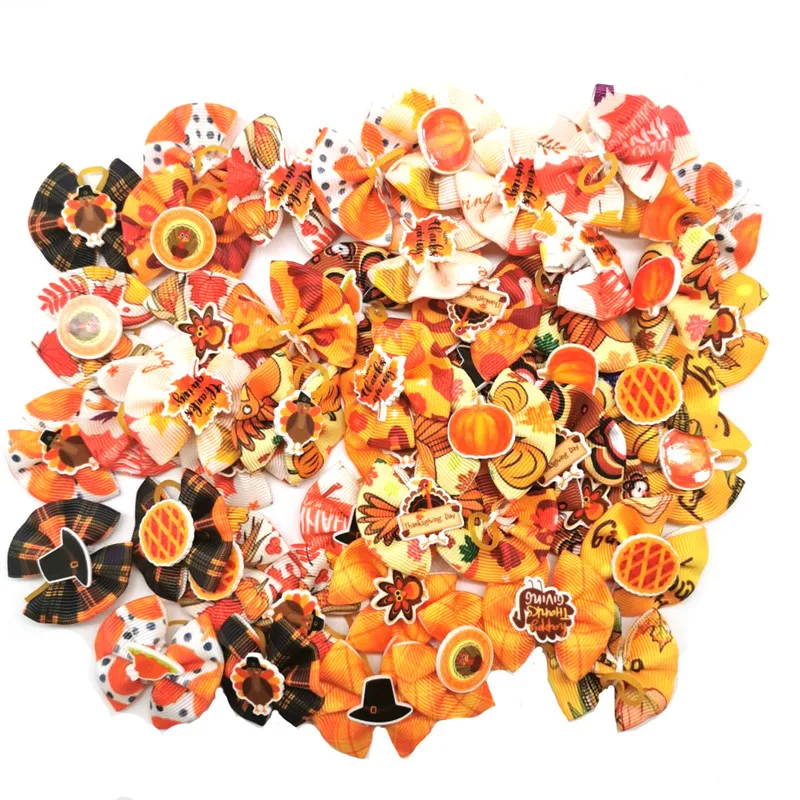 10/20/30pcs Maple Leaf Pumpkins Pet Supplies Small Dog Hair Bows Thanksgiving Dog Accessories Rubber Bands Dog Hair Accessories