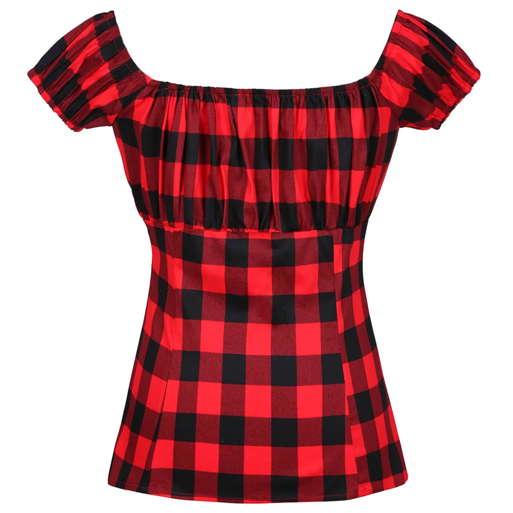 2024 Red Plaid Printed Slim Fitted Tops Women Summer Short Sleeve Workwear Office Lady Elegant Pin Up 50s 60s Rockabilly Tshirt