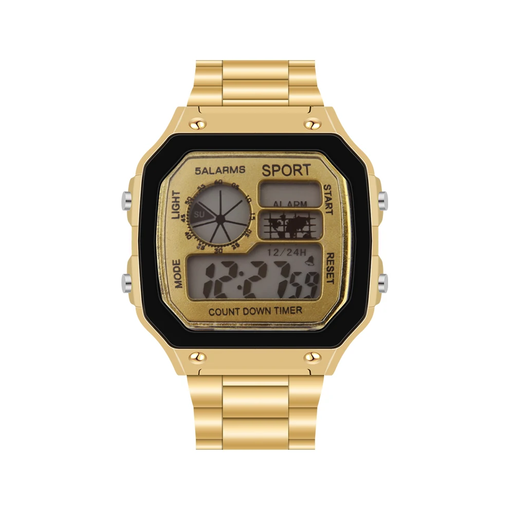 Men Watches Waterproof LCD Colorful Cold Light Watch Stainless Steel Business Digital Watch 5 Alarm Clock World Time Watches
