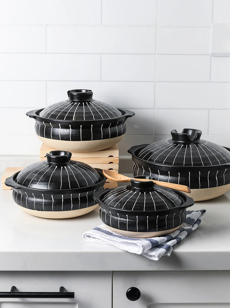 

Retro Black Pottery Clay Casseroles Household Heat-resistant Saucepan Soup Hot Pot Bellied Stew Cooking Ceramic Pan