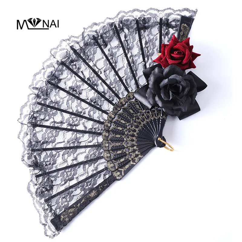 ฮาโลวีนพัดลม Lolita Victorian Lace แฟน Vintage Rose นาฬิกา Gothic Hand พัดลมปาร์ตี้อุปกรณ์เสริม