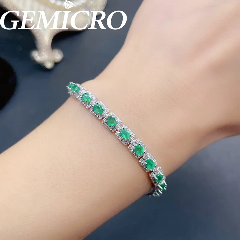 Gemicro Fine Jewelry Natural Emerald Bracelet with Gemstone of 3X4mm and S925 Sterling Silver as Fashionable Daily Wear or Gifts