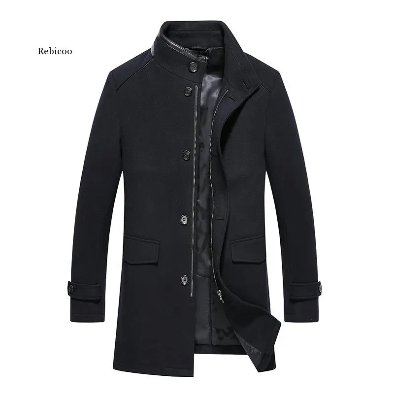 

Autumn Winter Mens Wool Blend Coat Long Warm Thick Woolen Stand Collar Brown Waterproof Jacket Casual Overcoat Men