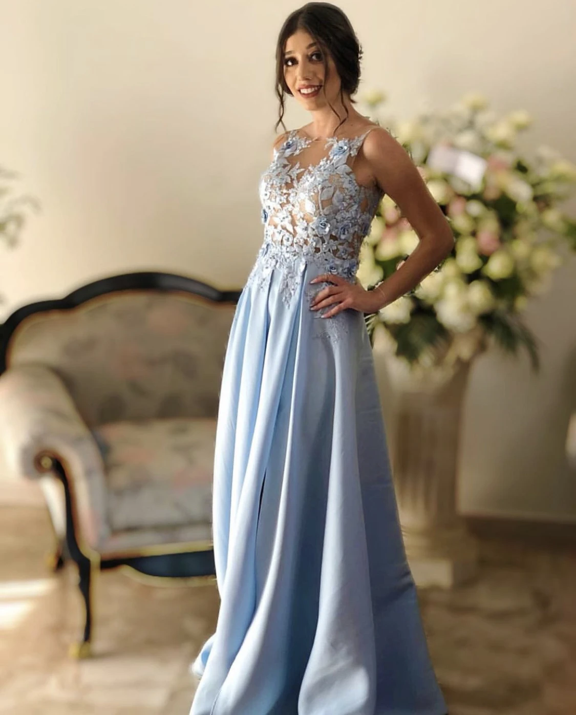 

Light Blue Evening Dress A-Line O-Neck Tank Backless Lace Appliques Sequined Beads Satin Floor Length Party Prom Gown New