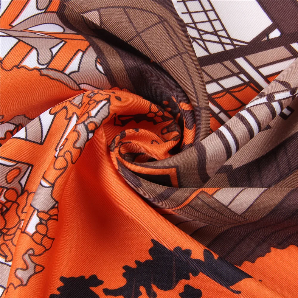 POBING Silk Scarf Women Boat Print Stoles Square Scarves Wraps Large Bandana NecKerchief Lady Hijabs Female Silk Foulards 130CM