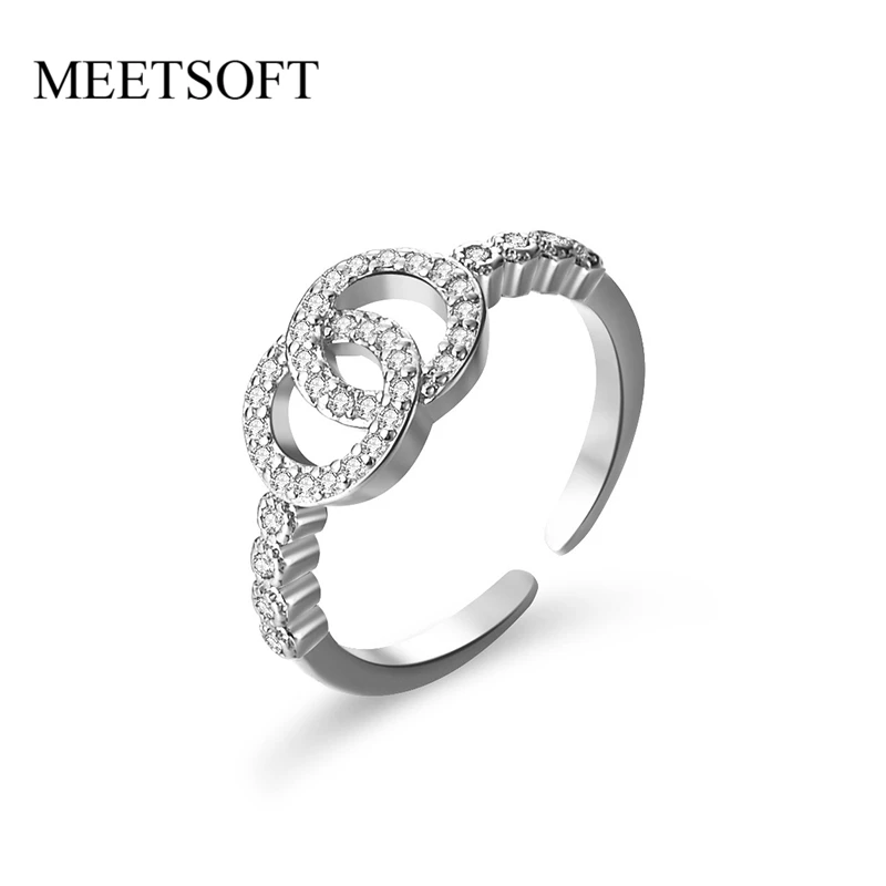 MEETSOFT Trendy 925 Sterling Silver Minimalist Interlocking Zircon Moissanite Opening Ring for Women Fine Jewelry Drop Shipping