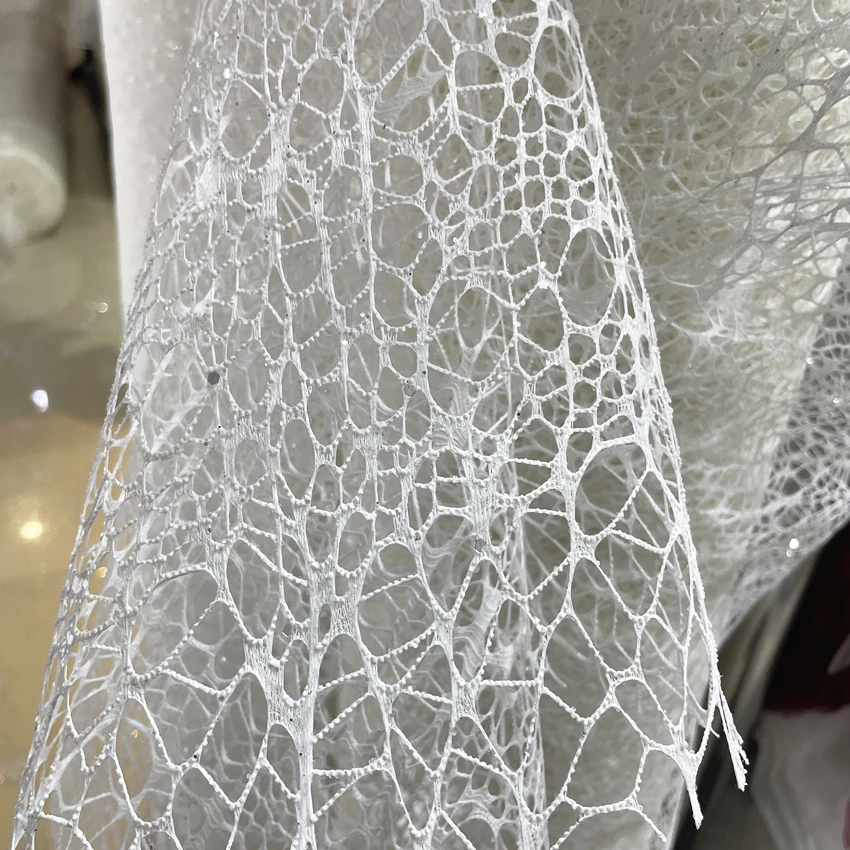 150cm Wide White Big Mesh Designer Fabric Wedding Dress Fabric Texture Modeling Irregular Buble Net Cloth Sewing DIY Hard Lace