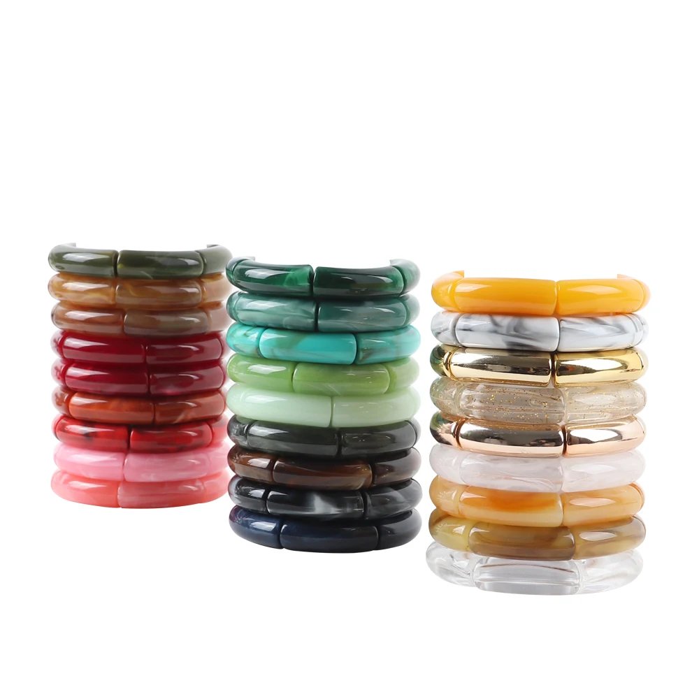Trendy Resin Geometric Beaded Bracelets on Hand Acrylic Bamboo Tube Bangles Bracelets For Women Fashion Jewelry Valentines Gift