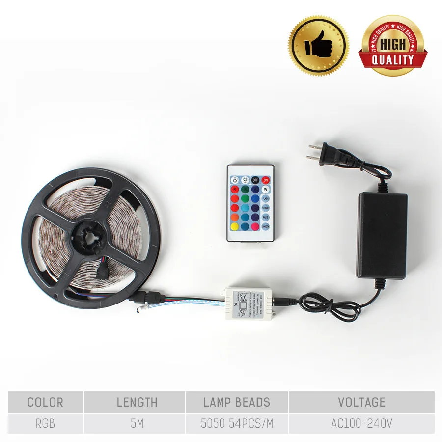 AC100-240V LED5050 Epoxy Waterproof RGB Light Strip + Remote Control + U.S. Adapter Support Dimming TV Backlight